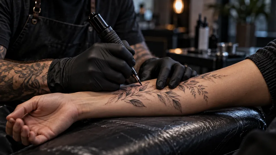 Cena ilustrativa gerada por IA: detalhe de um trabalho de tatuagem em estúdio.